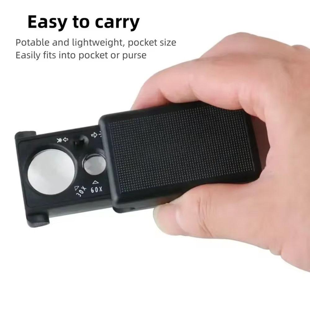 30X 60X Карманная ювелирная лупа Раздвижная освещаемая лупа с УФ-светодиодной подсветкой Ручная лупа Линза для бриллиантов Монет