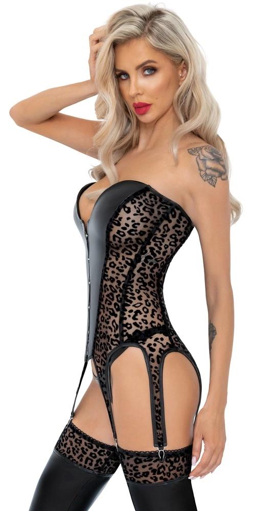 Noir - Sexy Leopard Print Corset with 6 Suspenders Black S