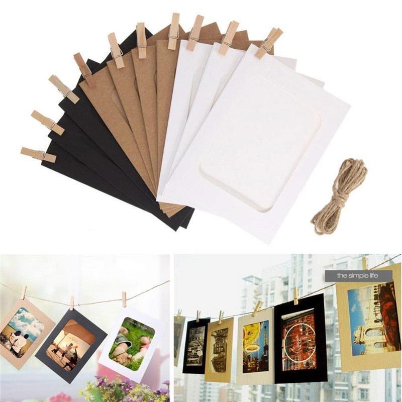 10 Pcs Combination Paper Frame with Clips DIY Kraft Paper Picture Frame Hanging Wall Photos Album 2M Rope Home Decoration Craft WBL