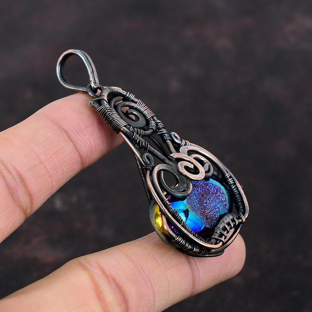 Титановый кулон-друзы, кулон в медной проволоке, кулон ручной работы, титановые друзы, ювелирные изделия, подвеска из настоящего драгоценного камня, медные украшения, подарок для мамы