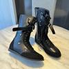 Light Luxury Boxing Boots~ Strap Side Zipper Martin Boots New Belt Buckle Short Boots Martin Boots Flat-bottomed Fashion Boots