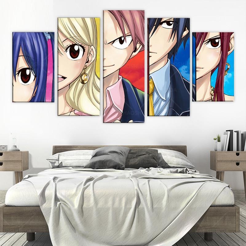 5 шт. Fairy Tail Печать на холсте Картина Плакат Домашний Декор Гостиная Cuadros Decoraci N Dormitorio Плакат Аниме Tableau Фреска