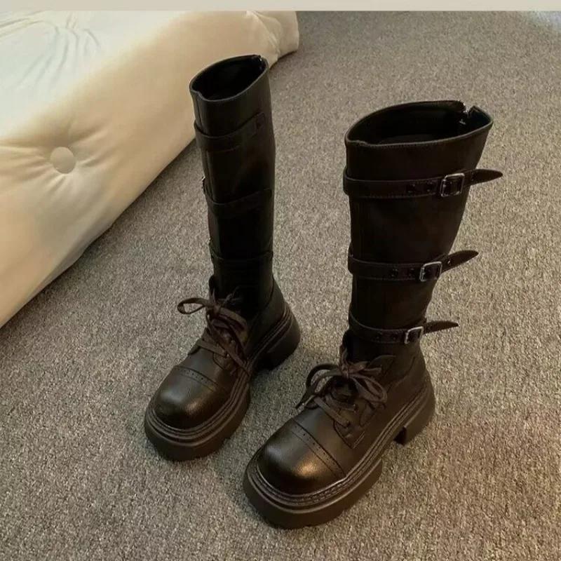 Женские высокие сапоги, кожаные туфли, зимние дизайнерские туфли на среднем каблуке, массивные туфли, женские зимние сапоги 2024 года, элегантные женские ботинки Chelsea Botas