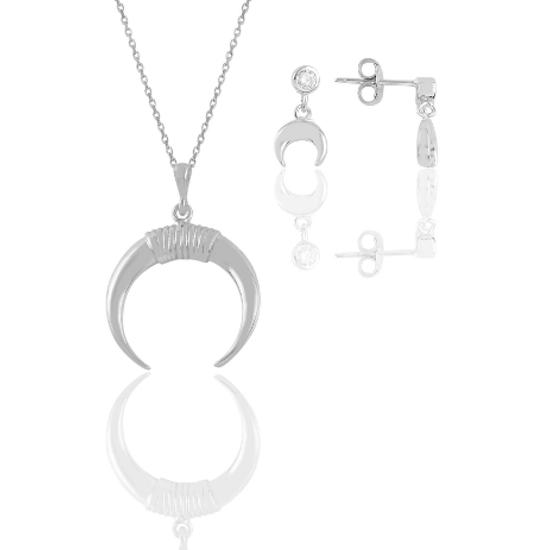 Silver Rhodium-plated Inverted Crescent Necklace and Earrings Double Set