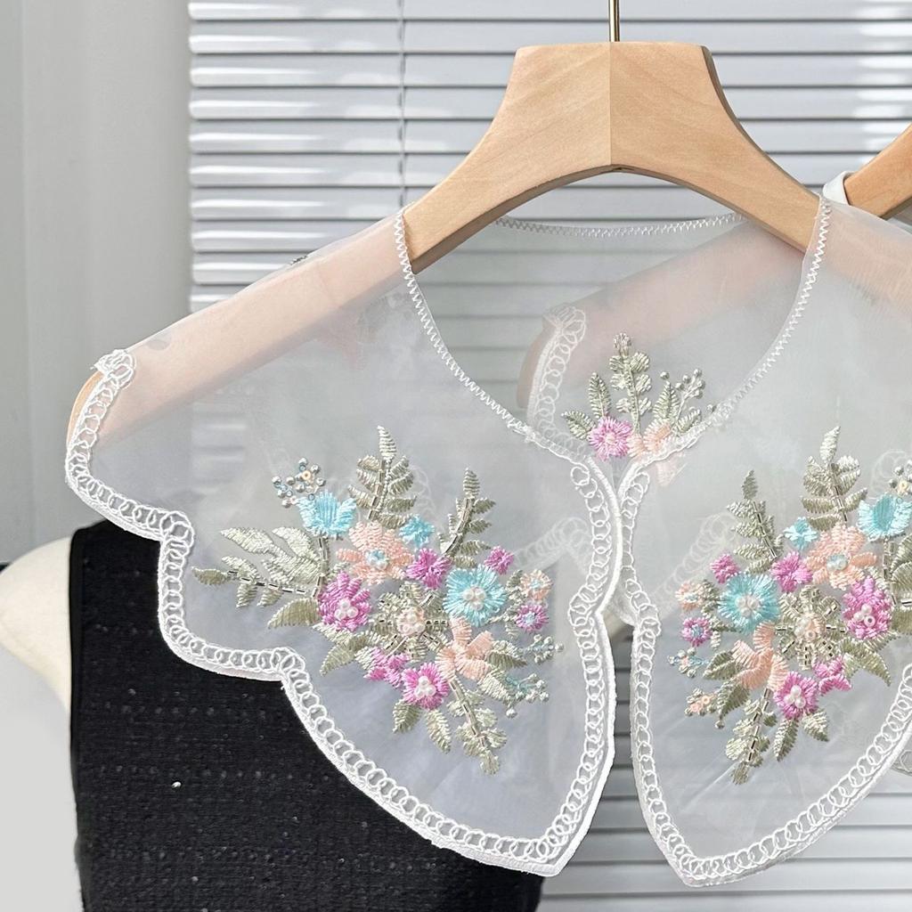 Elegant Organza Colorful Floral Embroidered Beaded Faux Collar for Fashionable Women Detachable Collar Shawl Capelet