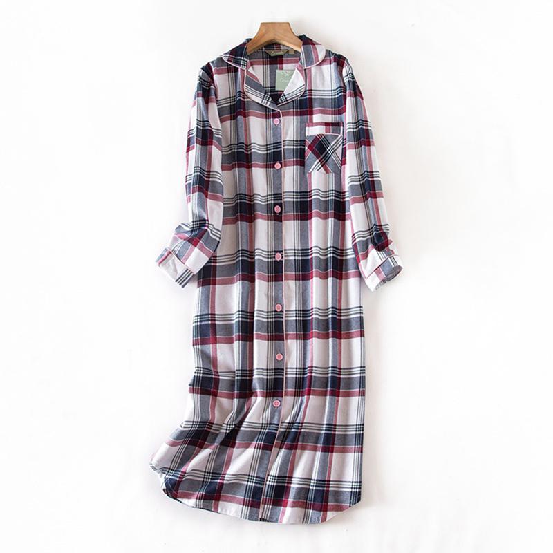 Женская ночная рубашка, классическая клетчатая ночная рубашка на пуговицах, хлопковая ночная рубашка с длинными рукавами, пижамный топ, одежда для сна с воротником-бойфрендом