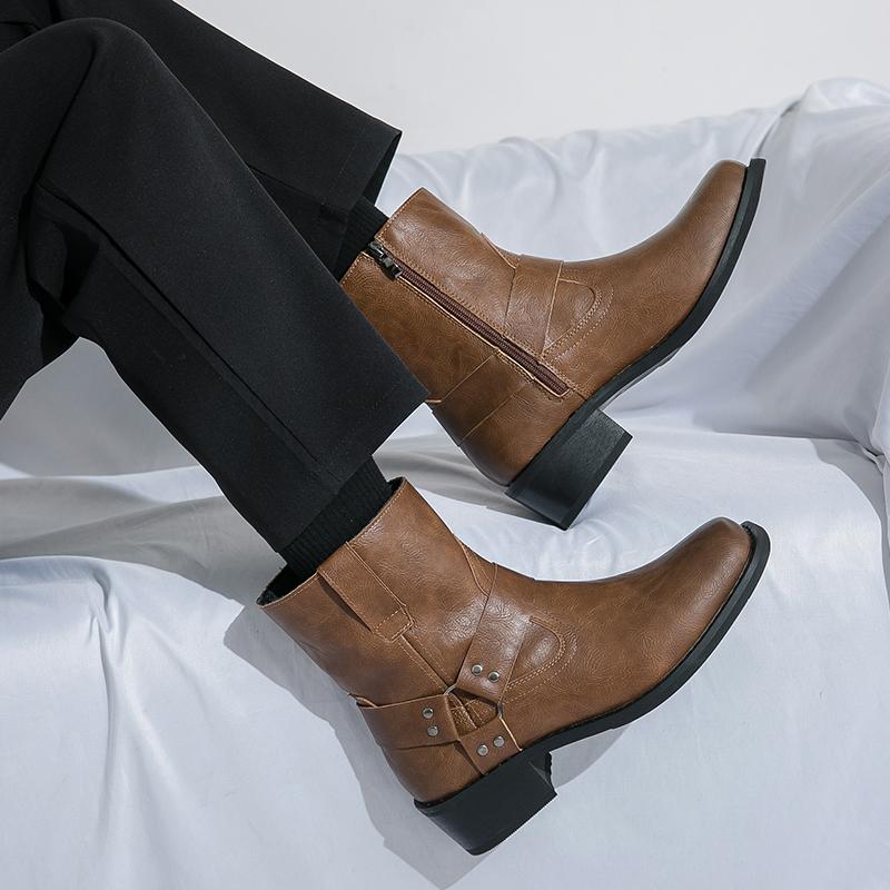 Модные ботинки с квадратным носком мужские из ПУ однотонные на низком каблуке удобные нескользящие классические деловые повседневные мужские короткие ботинки