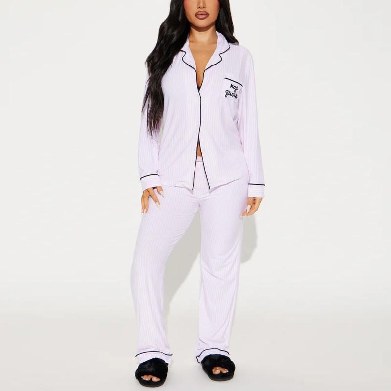 Womens Pajama Set With Print Collar Long Sleeve Top Pants Soft Milk Silk Sleepwear Home Hotel