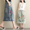 Women Midi Skirt Elastic Drawstring Waist Embroidery Flower Pattern Denim Skirt with Pockets