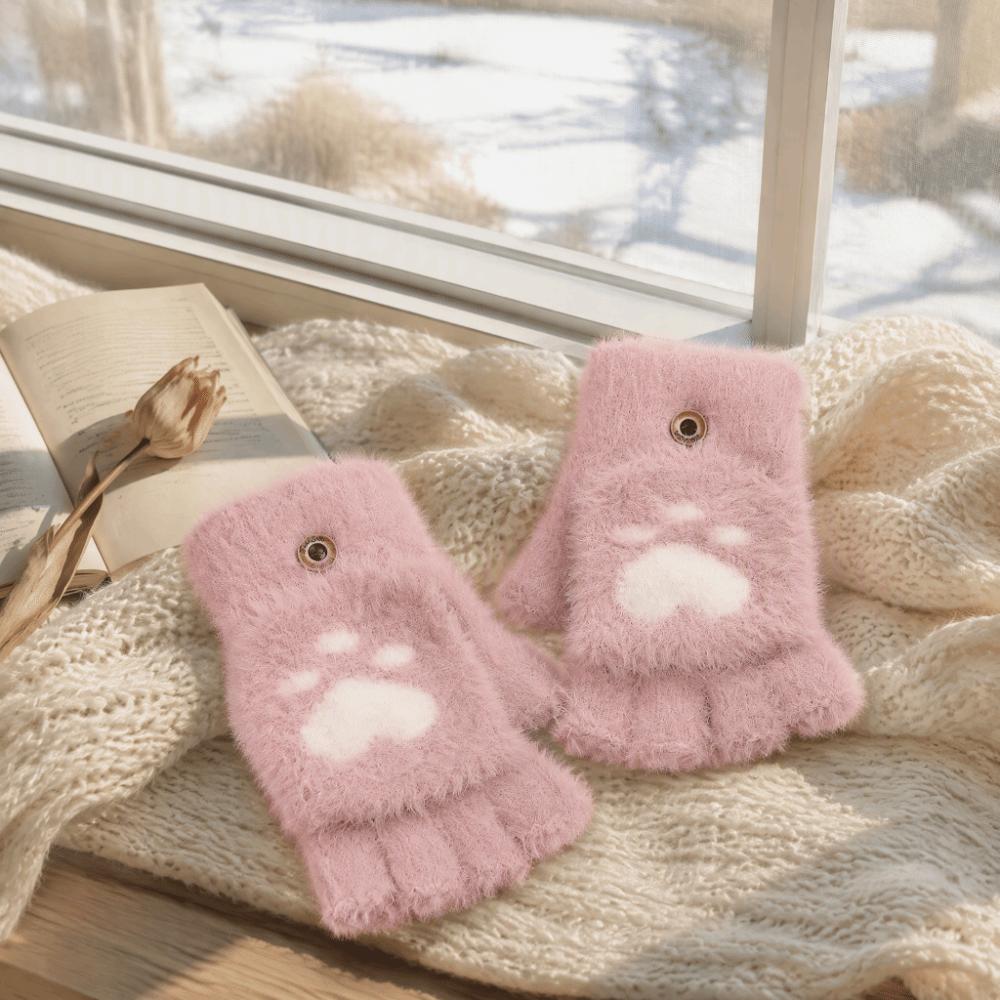 Soft Cat Paw Gloves Thicken Warm Plush Mittens Cartoon Style Half Finger Gloves Adults