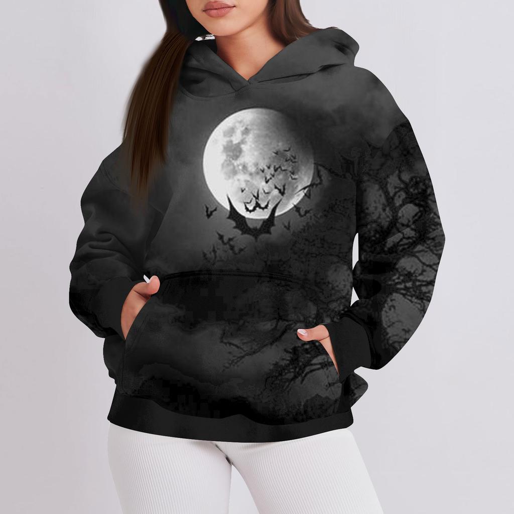 Women's Fashion Casual Pullover Hooded Sweatshirt Halloween Printed Long Sleeve Sweatshirt
