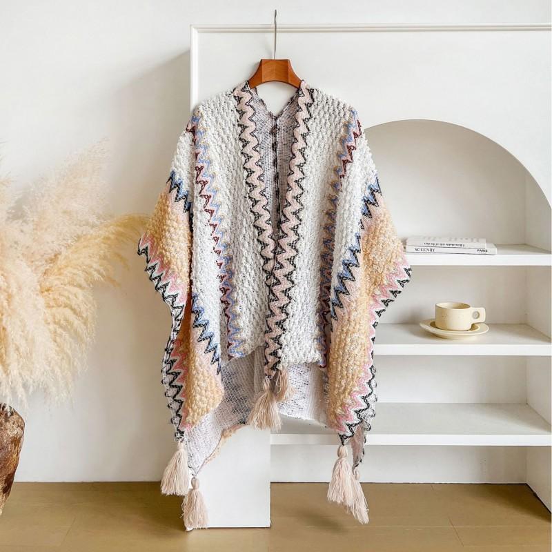 Womens Knit Cape Cardigan Winter Thick Striped Ethnic Style Shawl Cloak