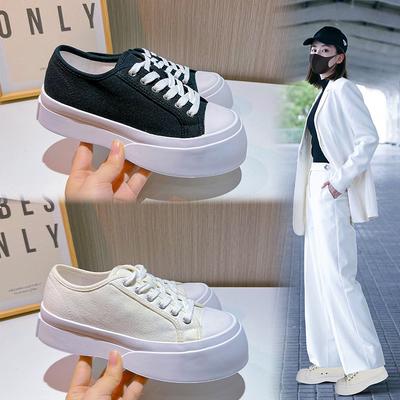 Маленькие белые туфли из парусины, женские, весна 2025, новые, на толстой подошве, увеличивающие рост, одинарные туфли, женские, универсальные, с большой головкой, повседневные, на плоской подошве, женские туфли