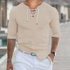 Men Spring Fall Shirt Lace-up V Neck Solid Color Long Sleeves Slim Fit Retro Soft Breathable Mid Length Pullover Casual Daily Top