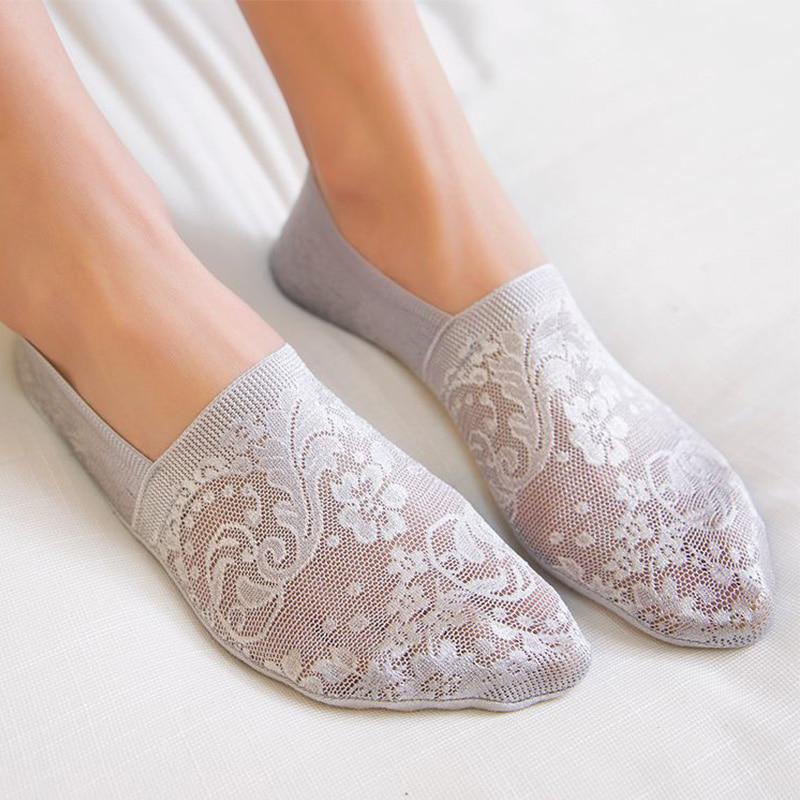 Женские весенне-летние хлопковые кружевные противоскользящие носки с невидимой подкладкой и низким вырезом