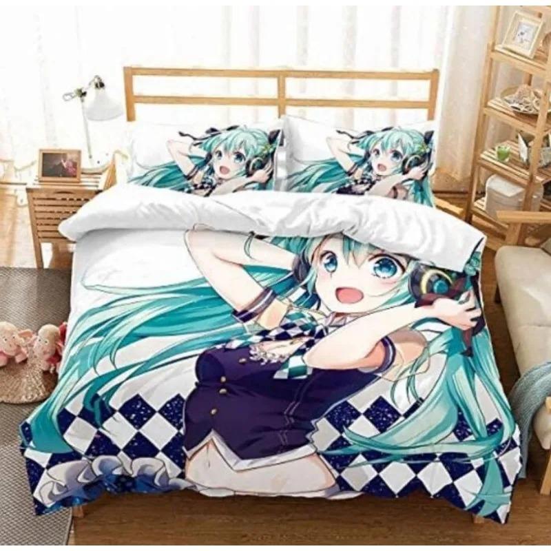 Hatsune Miku Duvet Cover Sets Singer Miku Bedding Set, Microfiber Cute Girl Miku Comforter Cover with Pillowcases
