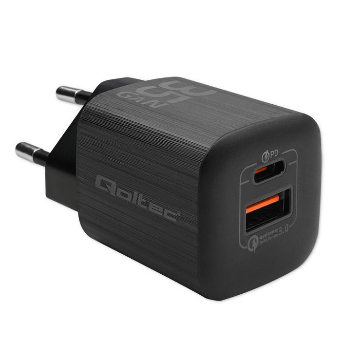 Qoltec Ładowarka Sieciowa 35W Gan Ultra | 5-20V | 2.25-3A | 1 X Usb Typ C Pd | 1 X Usb Qc 3.0 | Czarna