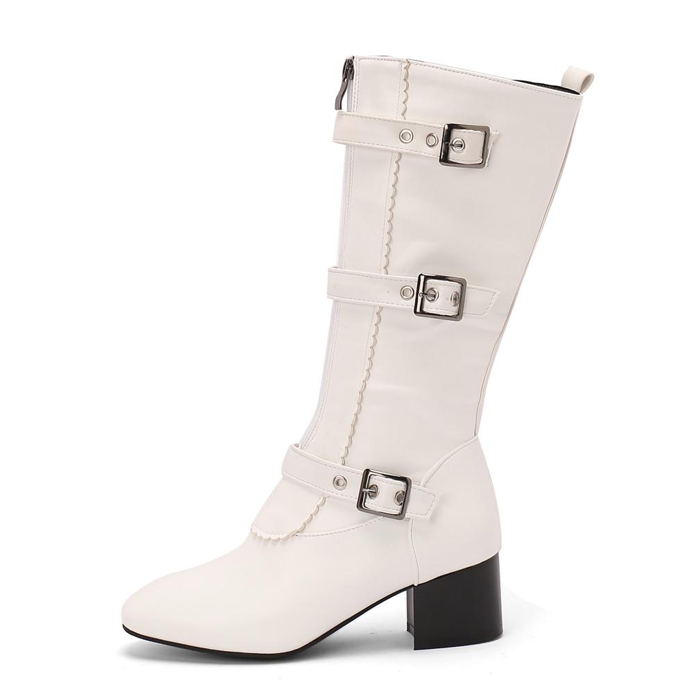 Женские ботфорты винтажные с ремешком и пряжкой, женские туфли на квадратном высоком каблуке на молнии, осенне-зимние однотонные повседневные боты