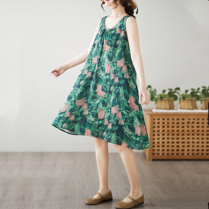 Без рукавов Плюс размер Хлопок винтажный цветочный новый в платьях для женщин повседневный свободный миди летнее платье