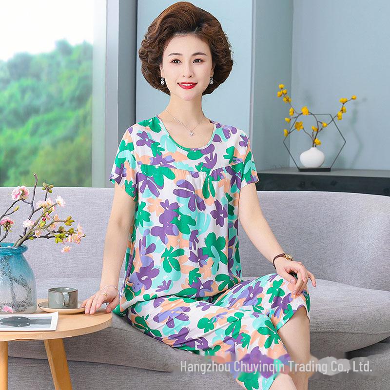 Женский летний пижамный комплект из хлопкового шелка - комплект из двух предметов с короткими рукавами для матерей среднего и пожилого возраста, подходит для ношения в помещении и на улице