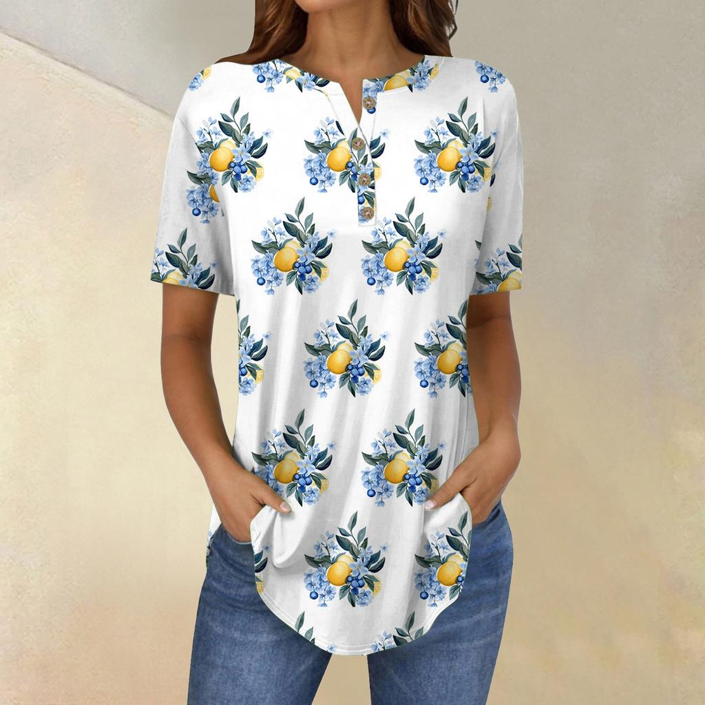 Short Sleeve Womens Tops Summer T-Shirts Floral Print V Neck Casual Basic Tee Button Shirts Tunic Tops