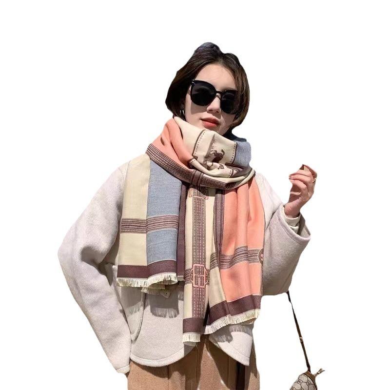 Korean Style Contrast Color Imitation Cashmere Plaid Scarf Women's New Winter Warm Fashion Chain Scarf Fleece-lined All-match Shawl