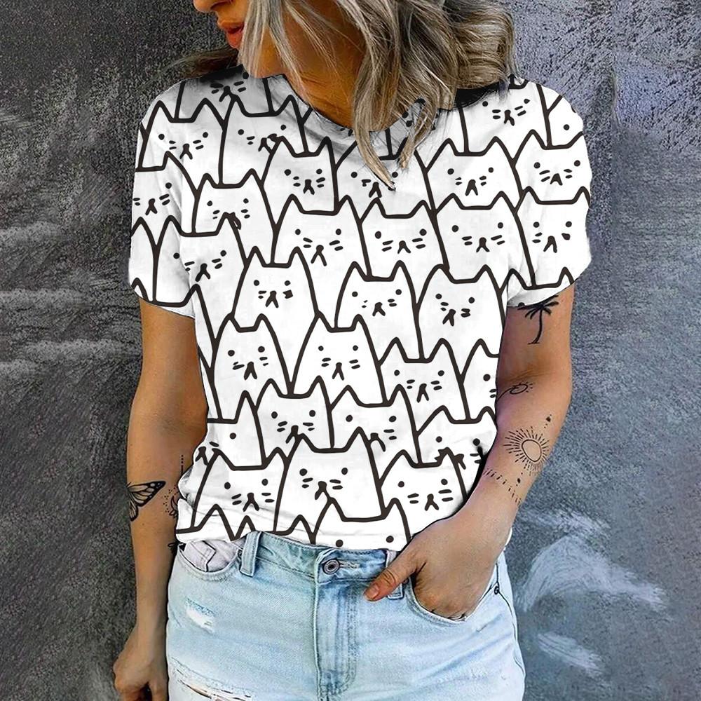 Футболка с круглым вырезом и принтом мультяшного кота, летняя, повседневная, дышащая, свободная, уличная, простая, женская футболка, топ