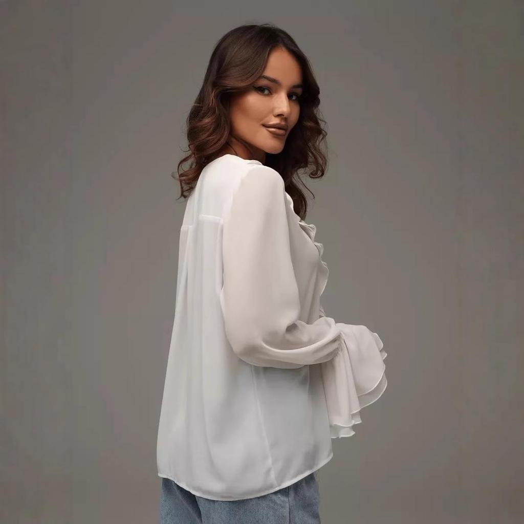 Весенняя блузка с V-образным вырезом и оборками, с длинным рукавом - Женская мода в европейском и американском стиле