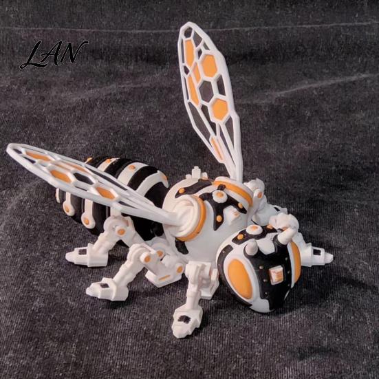 Futuristic Car Interior Ornament 3D Printed Articulated Bee Figurine, Flexible Joint Fidget Toy with Keychain, Mechanical Lightweight Art Statue