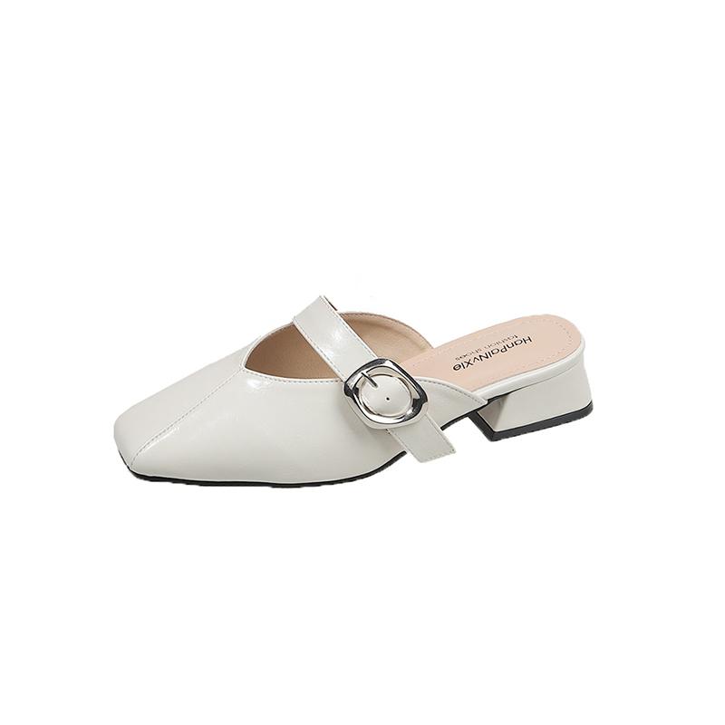 Fashion Low Heel Sandals Spring New Square Head Shallow Mouth Metal Buckle Soft Sole Anti-slip Wear-resistant Slippers