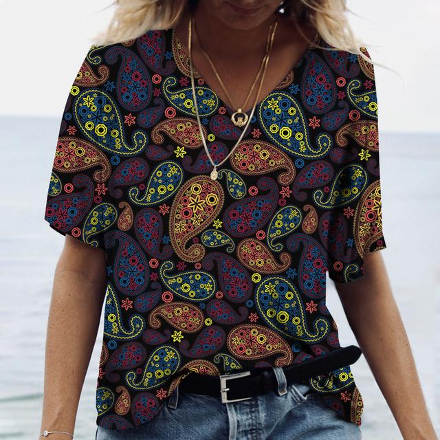 Винтажный топ с принтом, женская уличная одежда с короткими рукавами, летняя футболка, женская модная повседневная футболка с v-образным вырезом, женская одежда большого размера Y2k