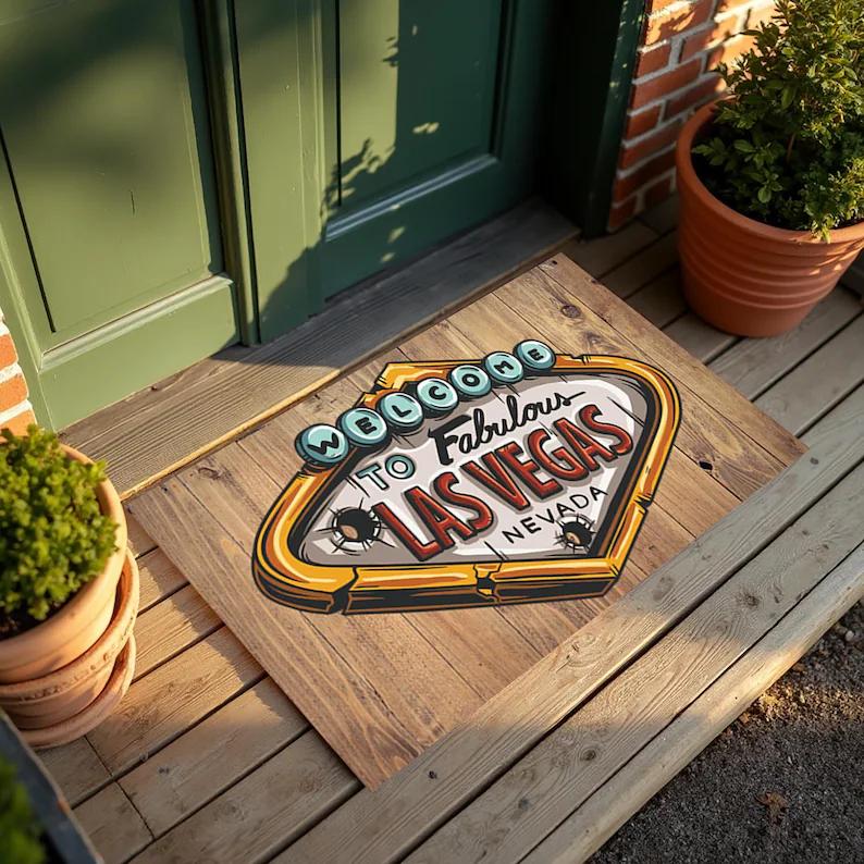 Добро пожаловать Придверный коврик Ковер Ковер Неоновая вывеска Лас-Вегас Деревянная текстура Домашний декор для прихожей Патио Коврик для приветствия Домашний напольный коврик