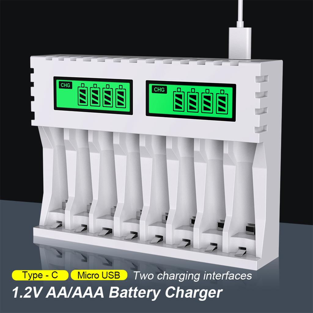 ЖК-дисплей Смарт Интеллектуальное Зарядное устройство для аккумуляторов с 8 слотами для 1,2 В AA AAA NiCd Ni-MH Перезаряжаемые батареи Зарядное устройство типа C