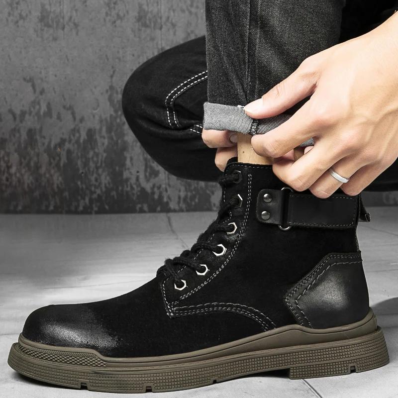 Модные мужские высококачественные рабочие ботинки, брендовые ковбойские сапоги с толстой подошвой, высокие нескользящие теплые повседневные ботинки, кожаные ботинки со шнуровкой и круглым носком