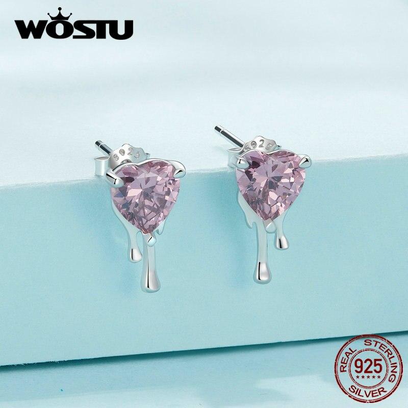 WOSTU Стерлингового серебра 925 пробы, ослепительные розовые циркониевые серьги в форме сердца и ожерелье с подвеской для женщин, комплект ювелирных украшений, свадебный подарок
