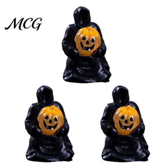 Small Halloween Collectible 3Pcs Mini Resin Figurines, Miniature Pumpkin Ghost Grim Reaper Party Decoration Castle Statue for Spooky Fairy Garden,