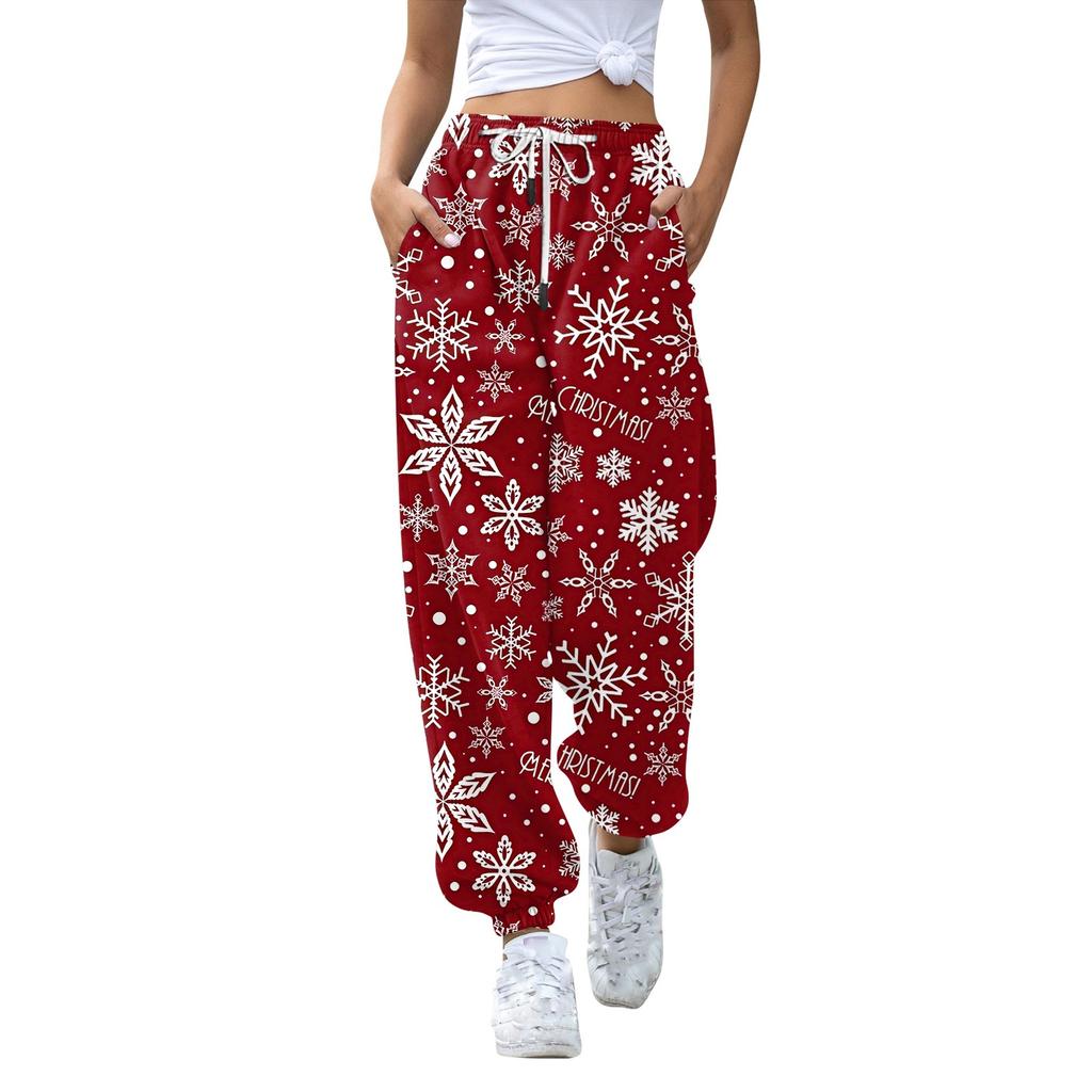 Женские повседневные модные рождественские принтованные повседневные брюки спортивные брюки длинные брюки брюки с эластичной резинкой на талии