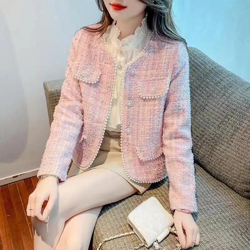 Temperament Ladies Pink Small Fragrance Jacket Женская одежда на весну и осень Маленький топ из французского твида высокого качества