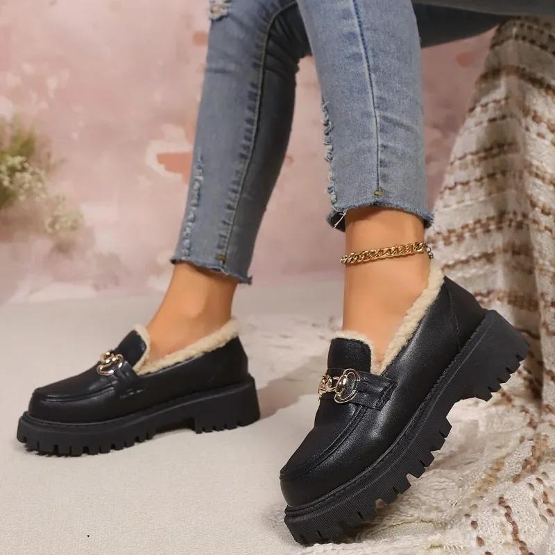 Thick Sole Small Leather Shoes for Women British Style Black Soft Single Winter New Plush Shoes for Women Platform Shoes