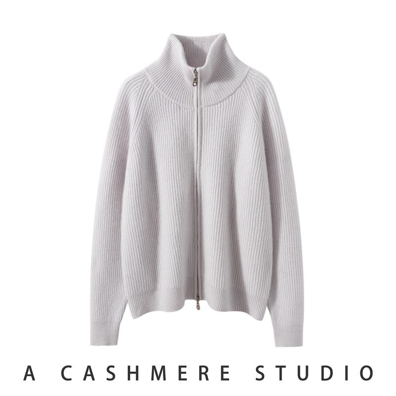 2025 Autumn/Winter Thick Double Zipper Cashmere Knit Cardigan for Women - High Collar Ribbed Long Sleeve Outerwear
