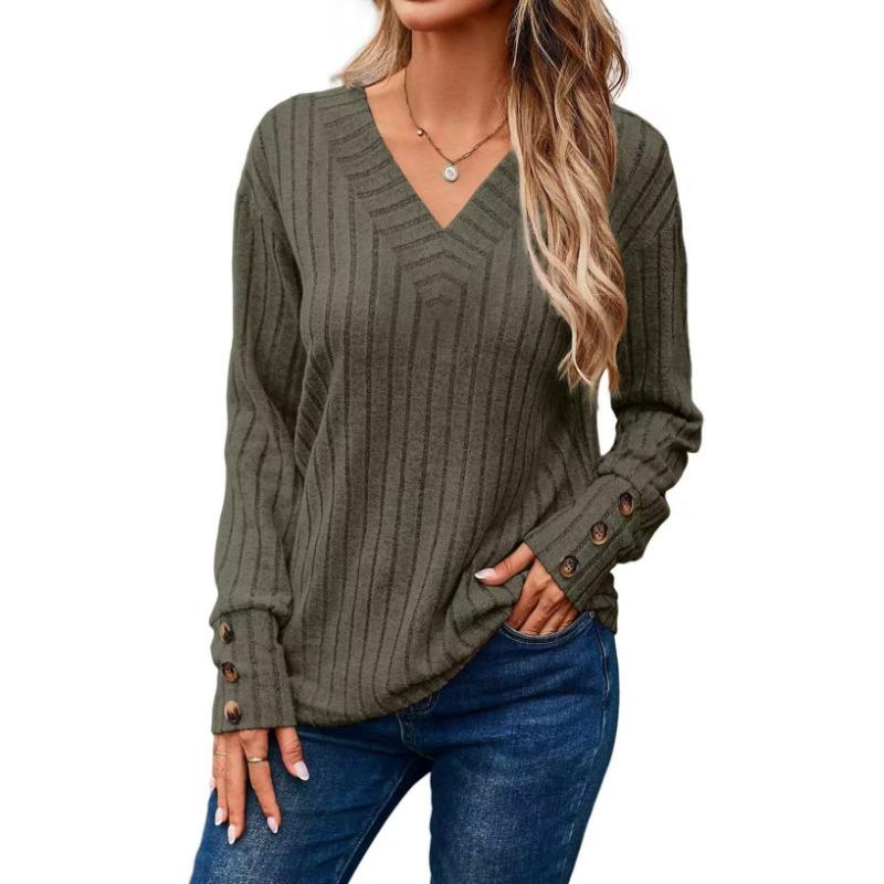 Spring Autumn Leisure Comfortable Pit Strips Matte V-neck Button Long Sleeve Solid Color T-shirt for Women