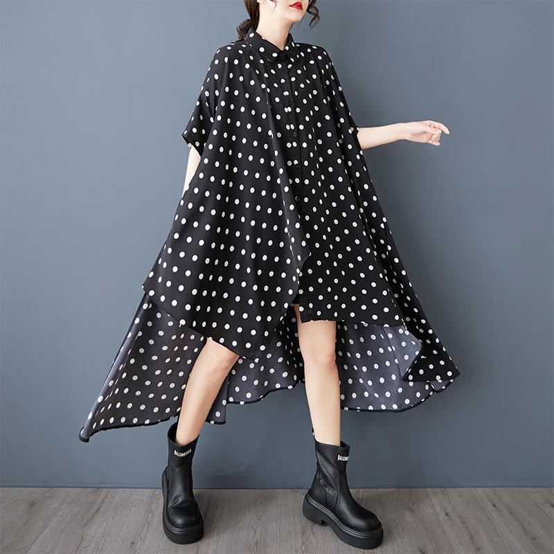 DIMANAF 2025 Большой размер Новая летняя блузка Короткий рукав Повседневные длинные рубашки Женские свободные топы Футболки В горошек