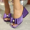 2024 Women's High Heels Square Toe Block Heel Fashion Slippers Summer Sandals Glossy Satin Pearl Bow Ribbon Evening Party Heels