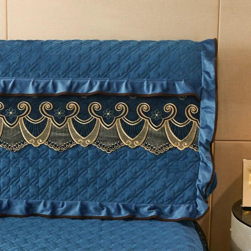 Lace Headboard Cover for Queen Bed Plush Velvet Double Size King Quilted Anti-collision Full Coverage Back Protector with Pocket
