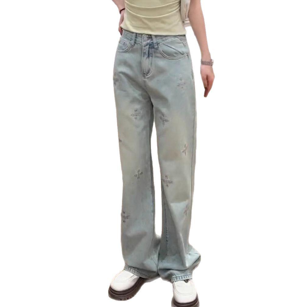 Женские джинсы с высокой посадкой, вышивкой, светлой стиркой, широкими штанинами, весна 2025