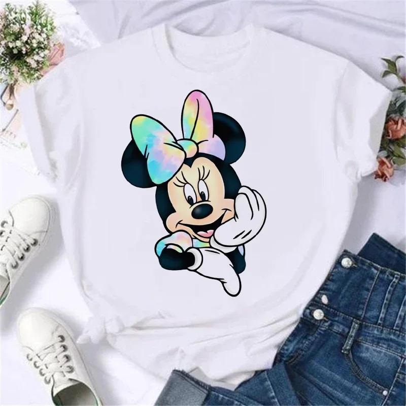 Cartoon Minnie Mickey Mouse Print T Shirt Leopard Bow Summer Kawaii Clothing Tops Hippie T-Shirt Gift Unisex