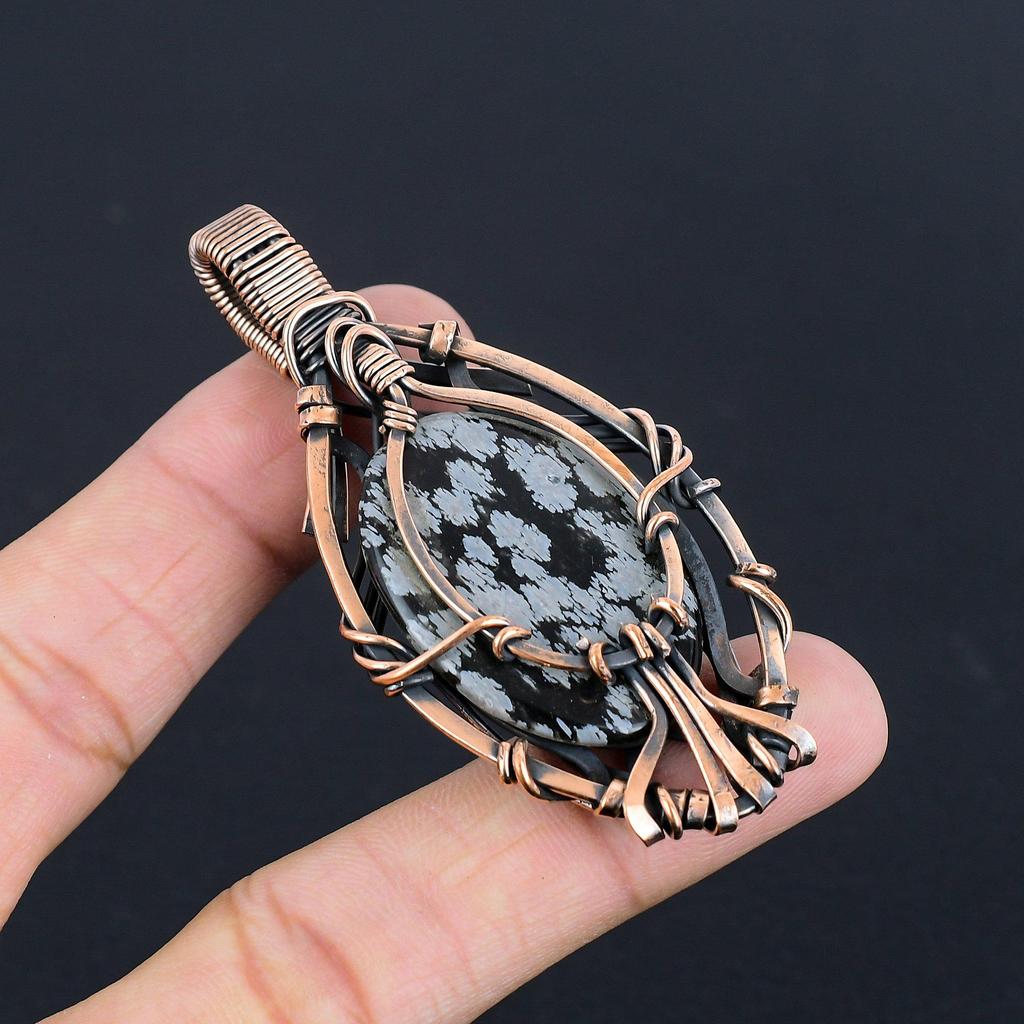 Snowflake Obsidian Pendant, 999 Copper Wire Wrapped Gemstone Handmade Dainty Jewelry Pendant, For Her