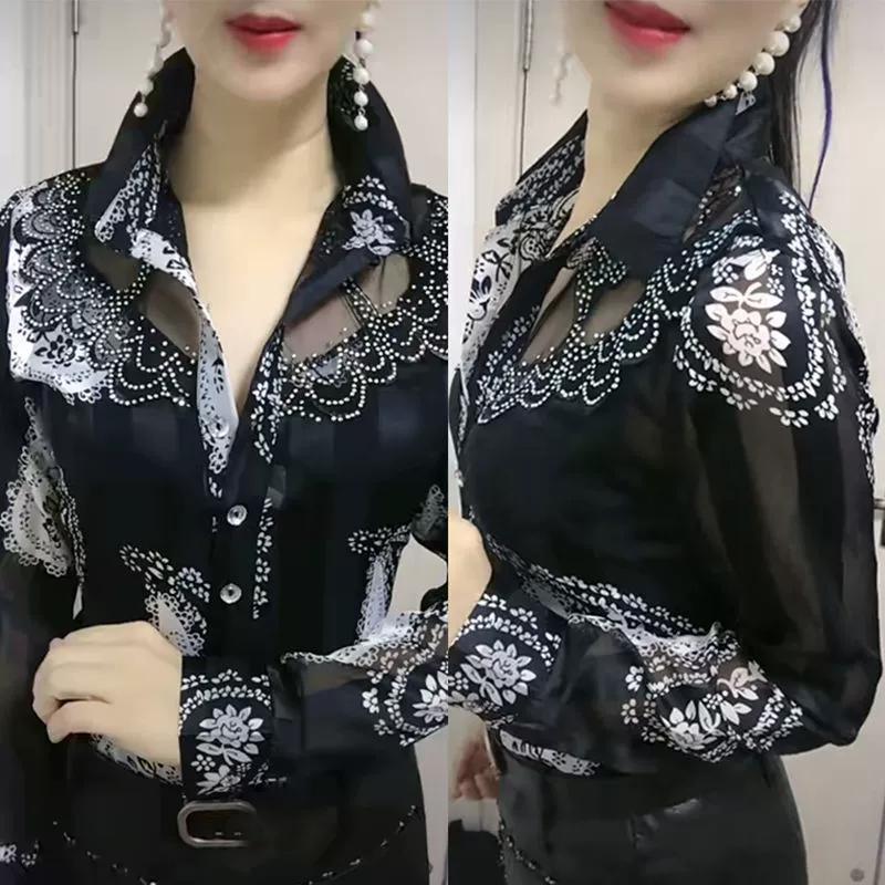 Blouse Tops Offce Lady Shirts Summer Lace Chiffon Shirts Women's Lapel Stitching Printing Buttons Female Blusas Chemises Fleurs