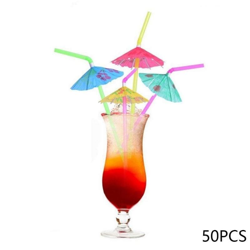 50 Pcs Cocktail Umbrella Drinking Straw Assorted Party/BBQ/Hawaiian Theme Straws