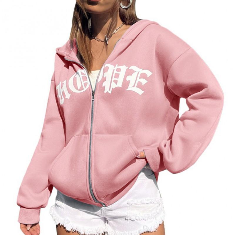 Unisex Oversized Zip-Up Hoodie With Letter Print Cotton Blend Warm Casual Sweatshirt